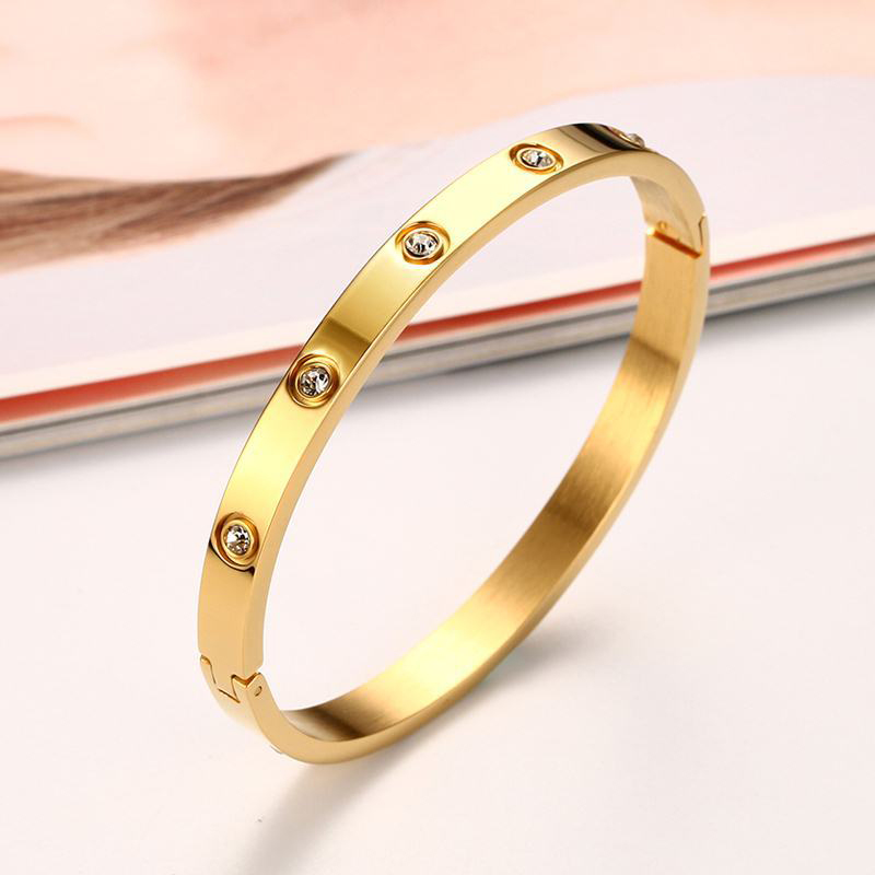 Rhinestone Bangle With Ring Attached Gold 0.02kg Weight 0.6cm Width