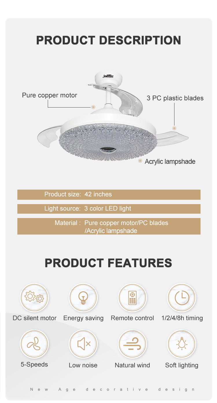 Energy-Saving 42" Blade Size ODM Down Rod LED Ceiling Fan with 5 Speed Remote Control