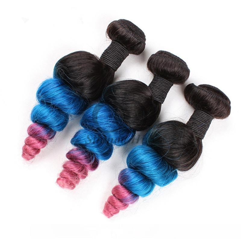 #T1B/Blue/Pink Loose Wave Remy Human Hair Bundles Sew In Weave Bundles Brazilian Bundle Deals