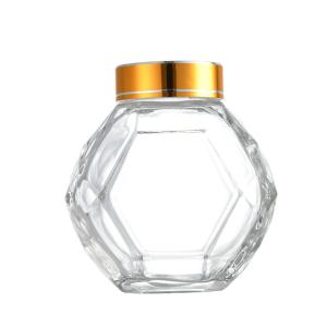 Quality 200ML 380ML Glass Hexagon Honey Bottle With Golden Silver Red Black Metal Lid wholesale