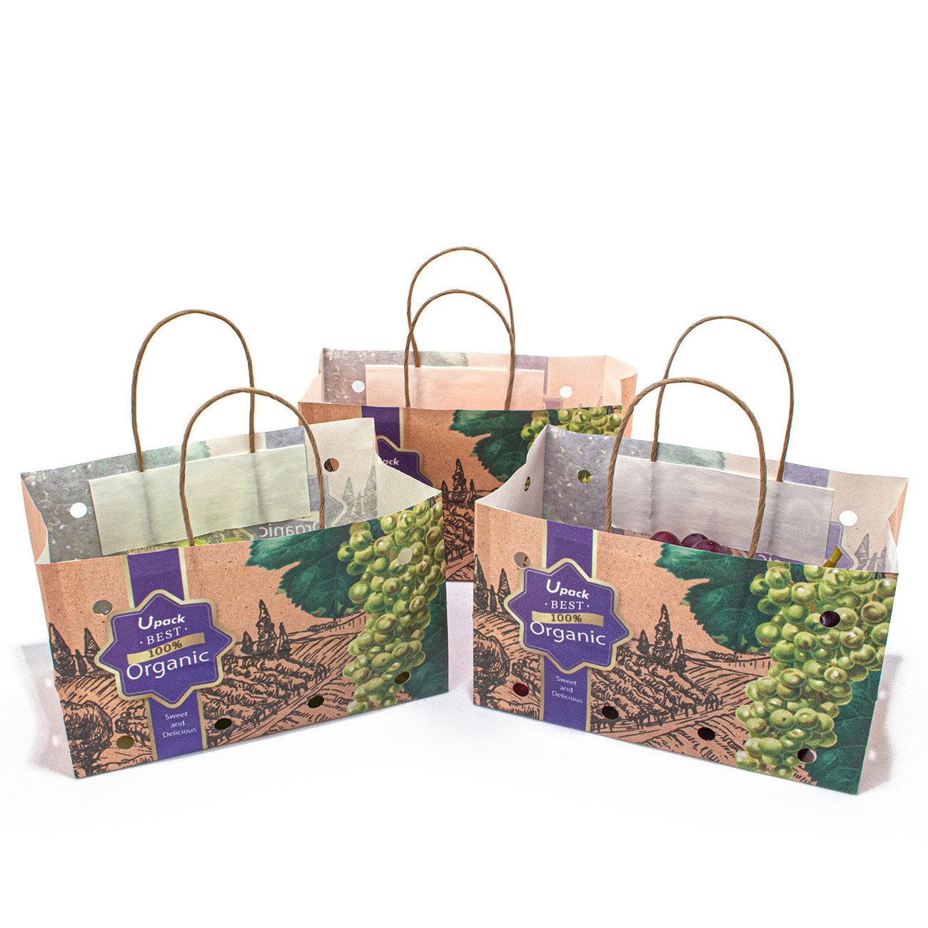 Paper Twist Rope Handle Fruit Brown Paper Bag Eco Friendly Water Based Soy Ink Printed