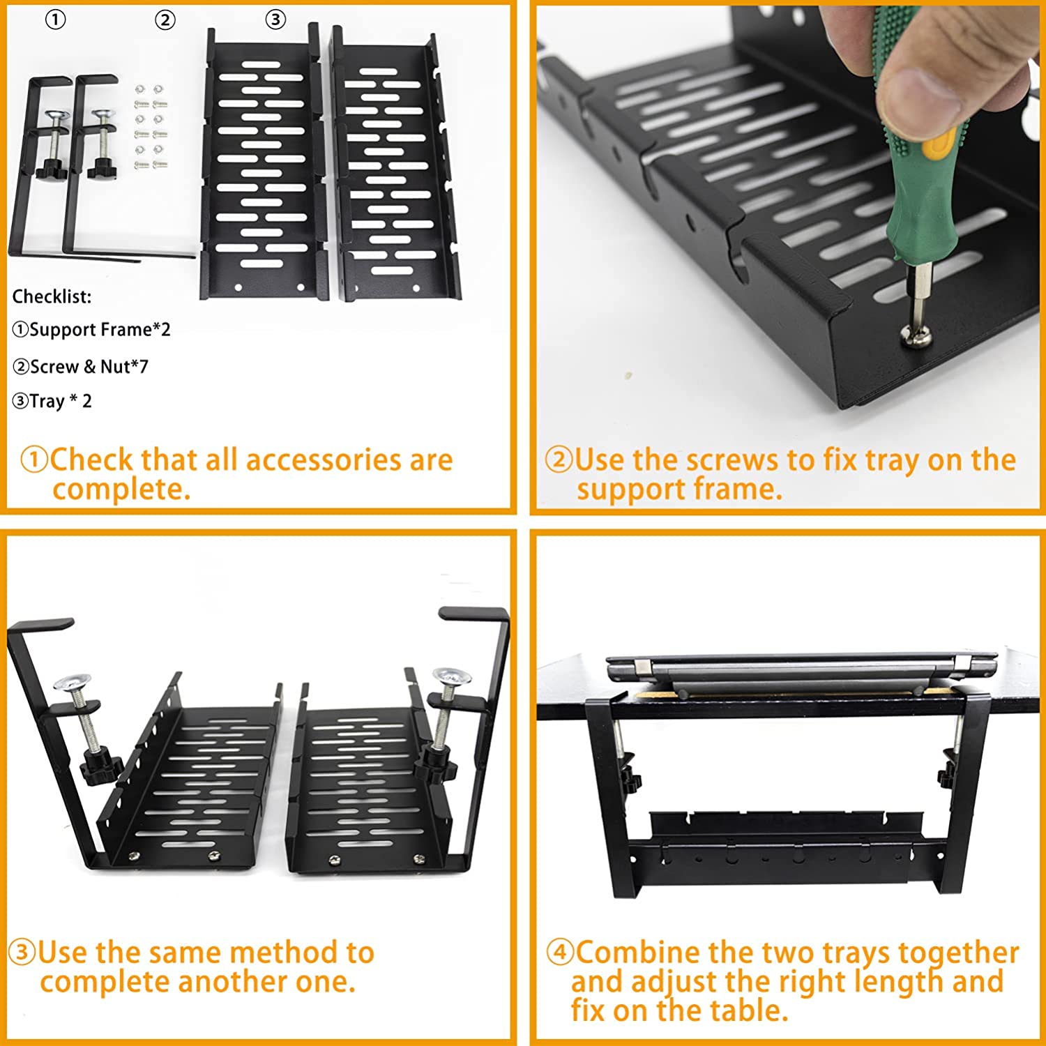 Smart 12-25inch Desk Iron Under Desk Cable Management Tray Retractable Cord Organizer