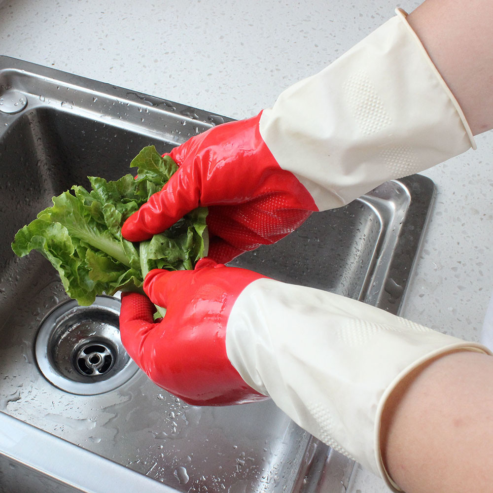 Reusable Bi - Color Kitchen Rubber Gloves Eco Friendly For Household Cleaning