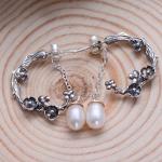 925 Silver Engraved Designs Flower Hoop Earrings with Pearl (055132)