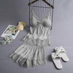 Summer Sleeveless Ice Silk Sexy Suspenders Knickers Lace Satin Pajama Set For
