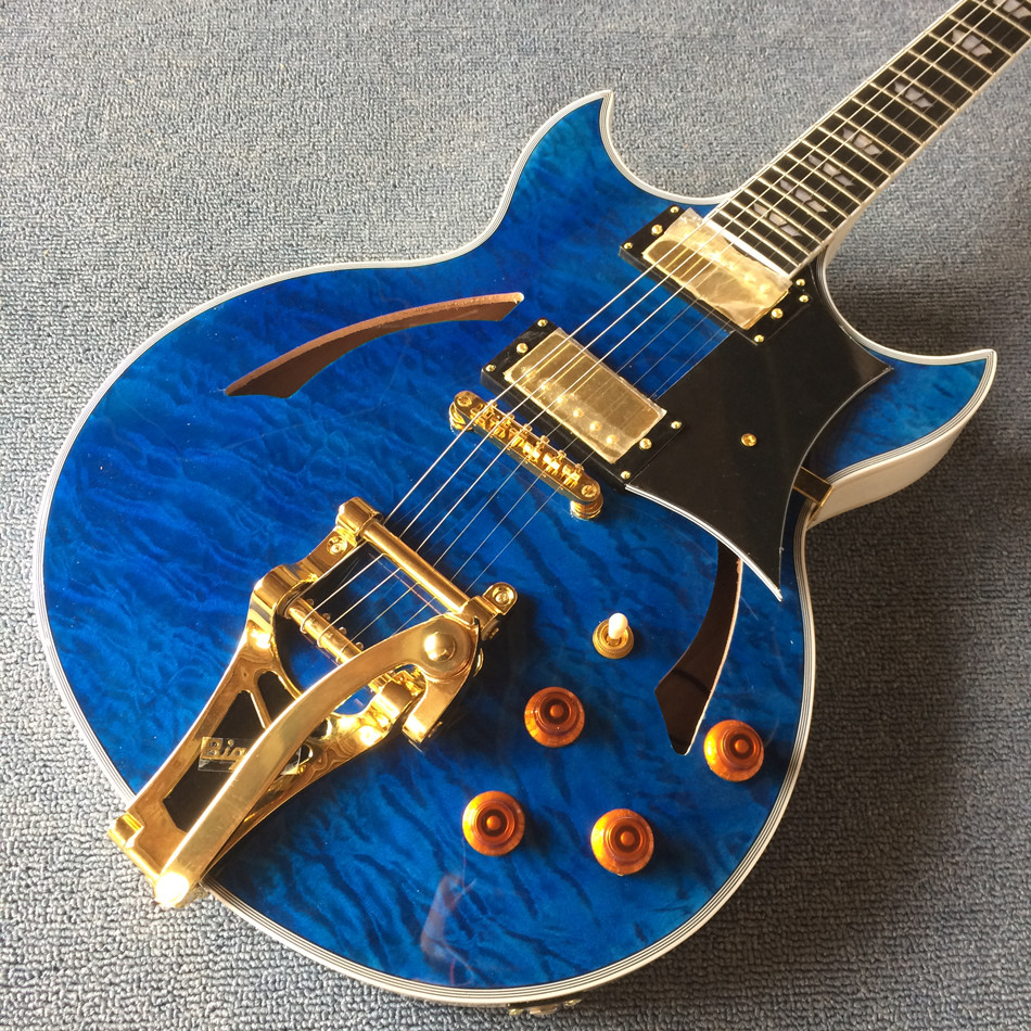 High quality Jazz Electric Guitar with Bigsby, Ebony Fingerboard, Guitar Quilted Maple Trans-Blue burst color