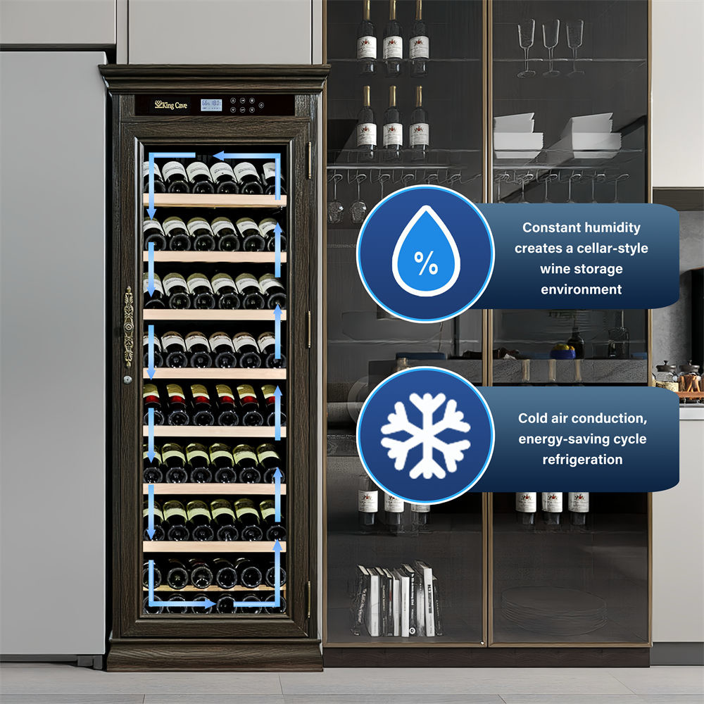 Classic Dark Brown Wood Wine Cooler With Touch Control Panel And Locker