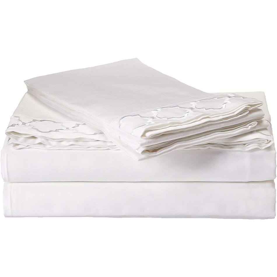 All-Season Flat Bed Sheet Egyptian Luxury Embroidered Bed Sheet Set with Beautiful Rope Embroidery 4 Piece Set