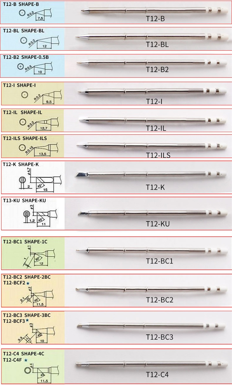 Lead Free Automatic Soldering Robot Tips T12-BC1 Series Stainless Color