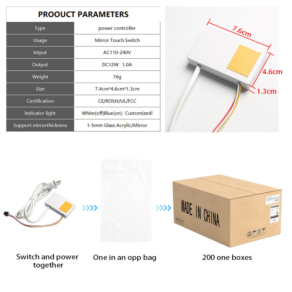 Dimmable DC12V Led Light Mirror Touch Sensor Switch for Customized Bath Led Mirrors