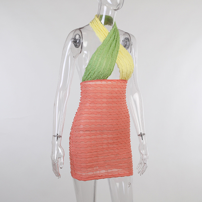 Contrast Color Stitching Halter Neck Cross Over Dress 89cm