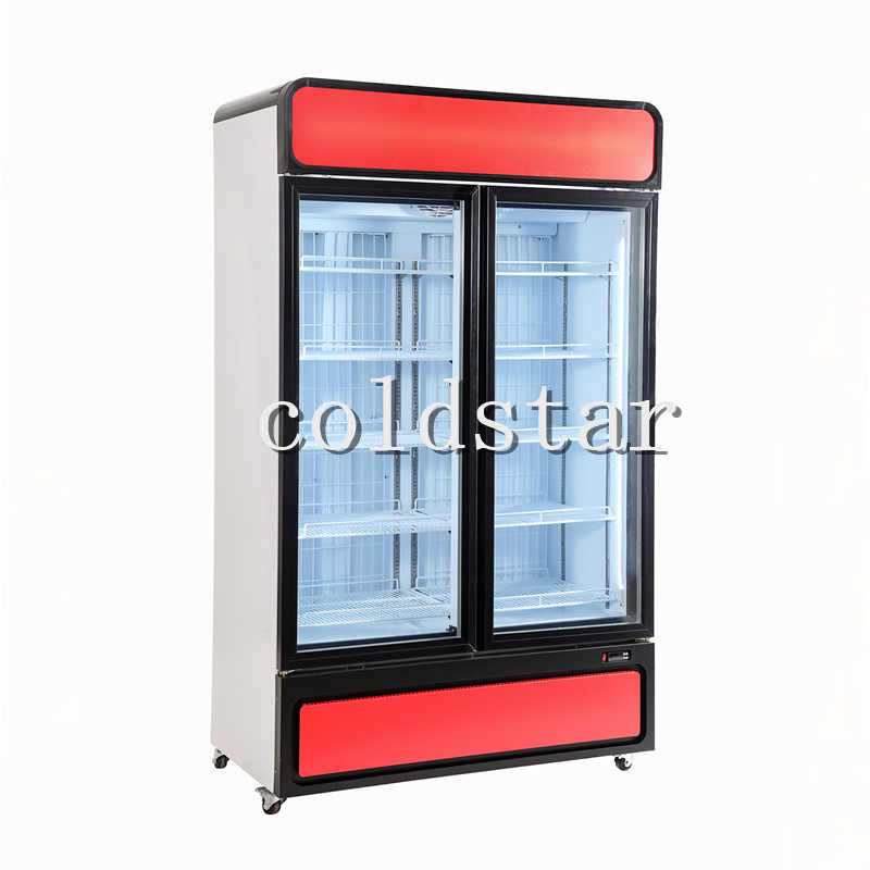 2 Glass door drink beverage fridge display freezer, supermarket double door commercial fridge