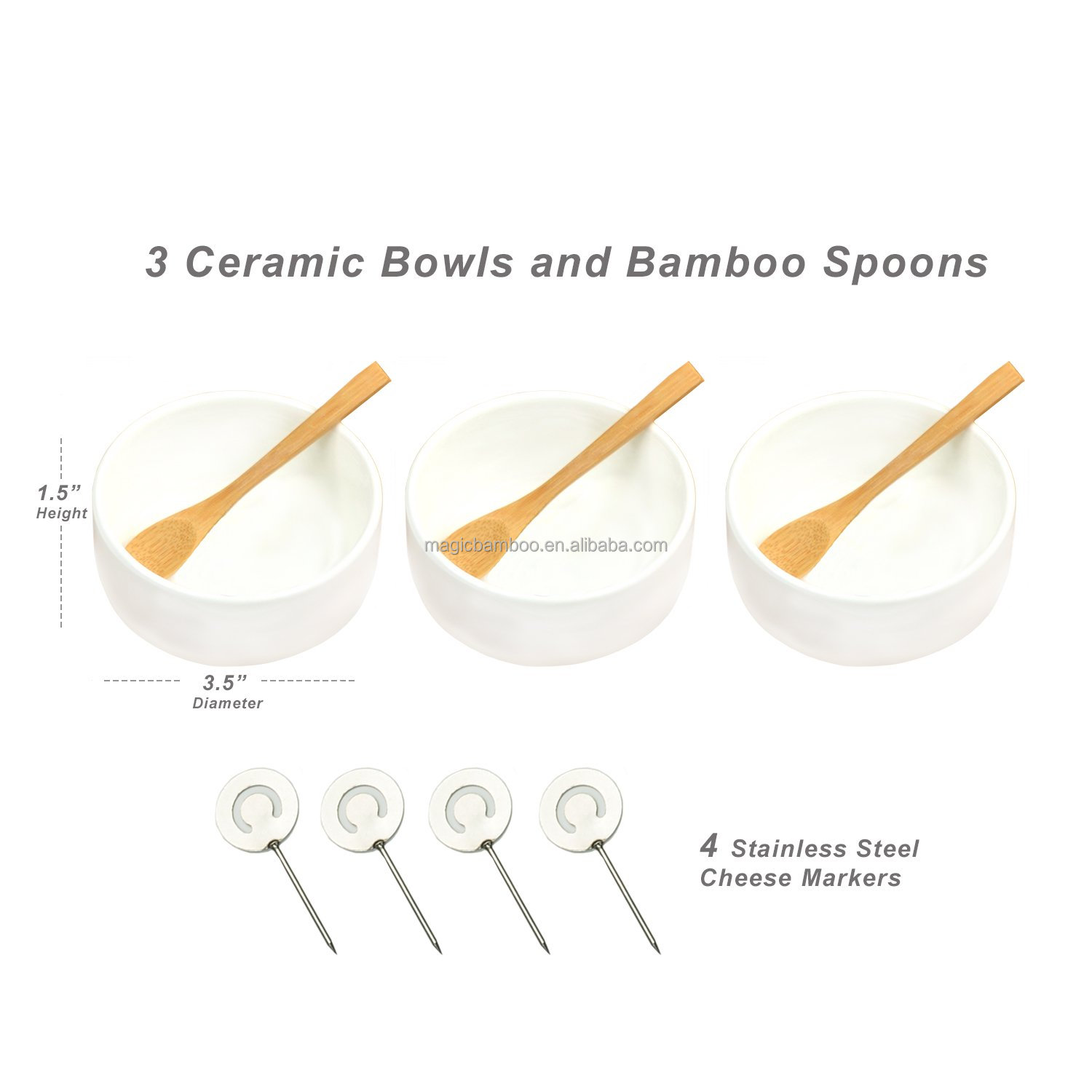 Eco-friendly Bamboo Cheese Board Includes 3 Ceramic Bowls Spoons and Cheese Markers