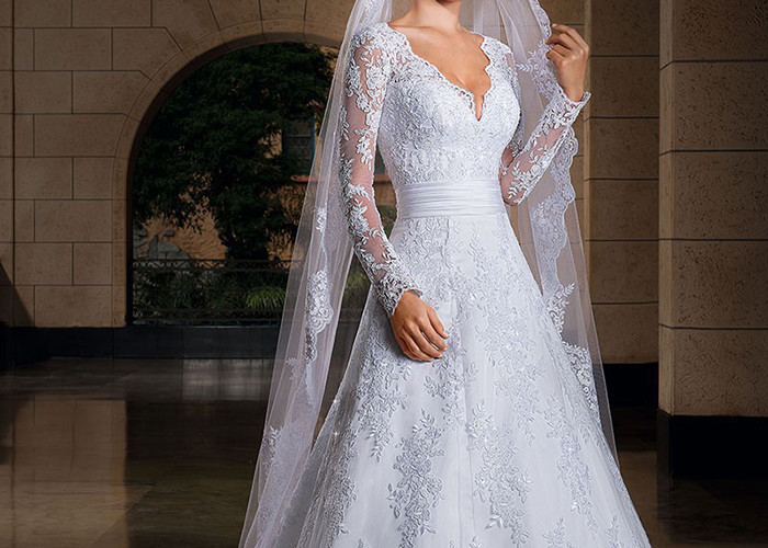 Long Tail A Line Bridal Gowns , Long Sleeve Lace Wedding Gown V Neck With Beads