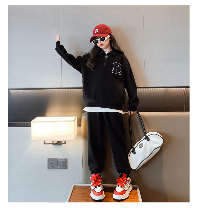 Children Half Zipper Sweatshirt Two Piece Suit Thickened Black 60% Cotton 40% Polyester