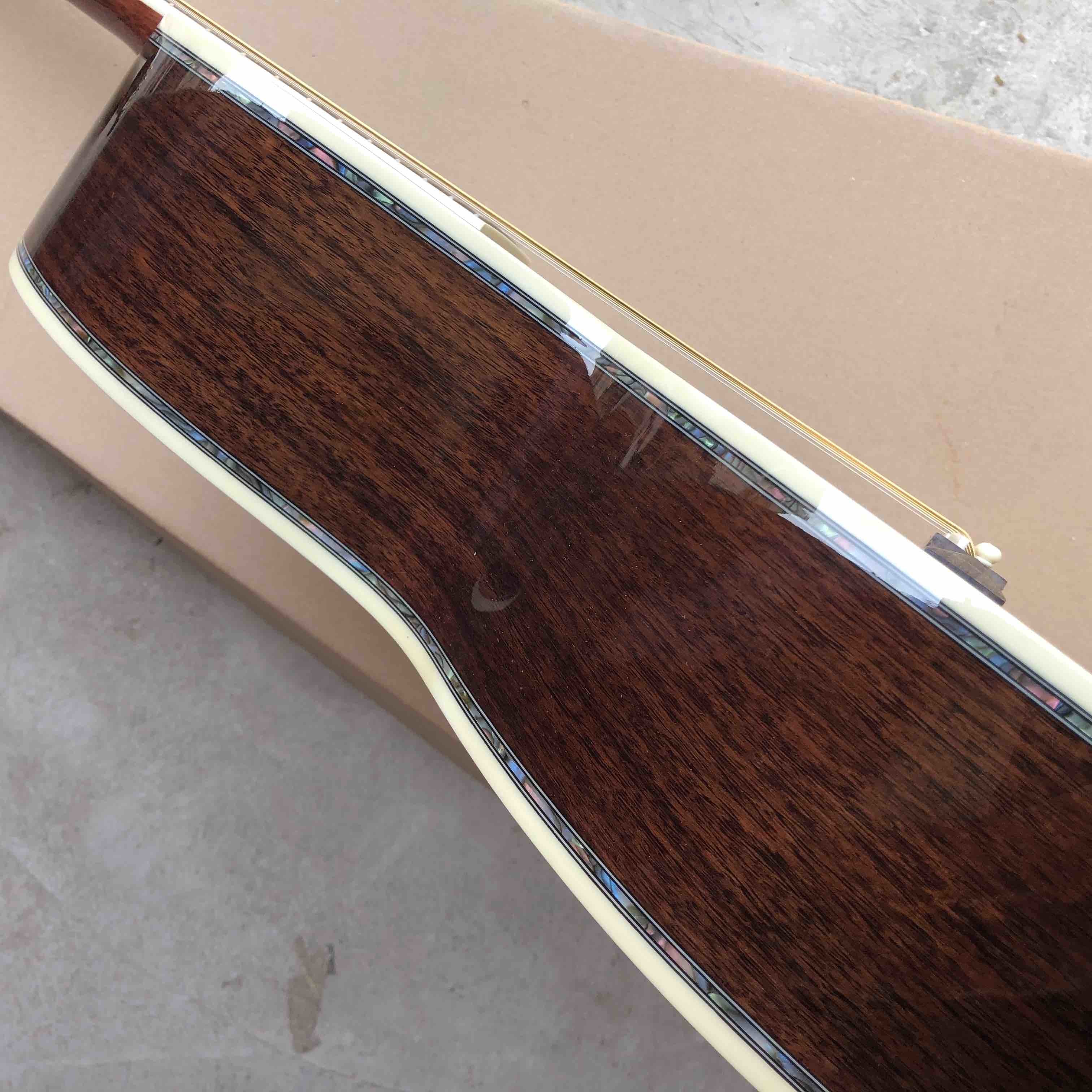 OEM custom acoustic guitar OOO body shape Guitar solid Spruce top real abalone binding and ebony fingerboard