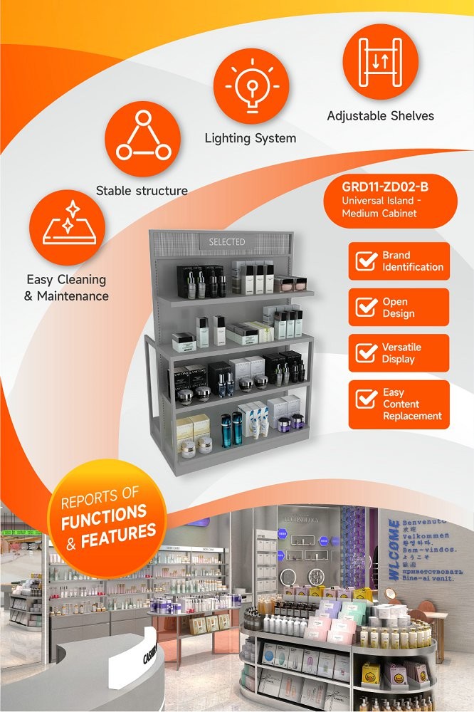 GDR11-ZD02-B Cosmetics Retail Display with LED Light Strips and T-Pillars and Power Tracks for Retail Stores