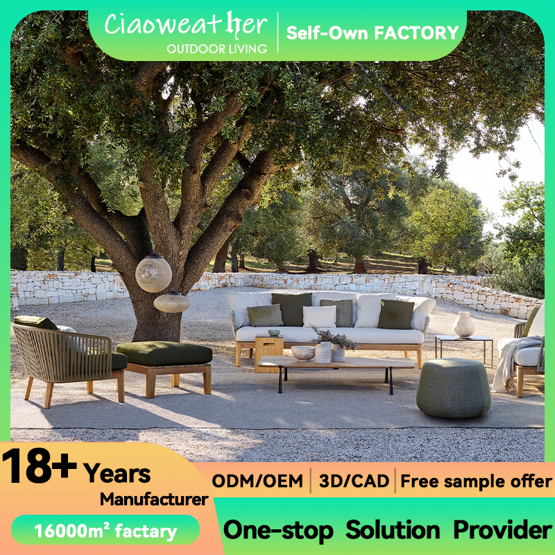 Modern Outdoor Furniture Sofa Set Customised Outdoor Rope Woven Teak Sofa Simple Solid Wood Leg Sofa Garden Set
