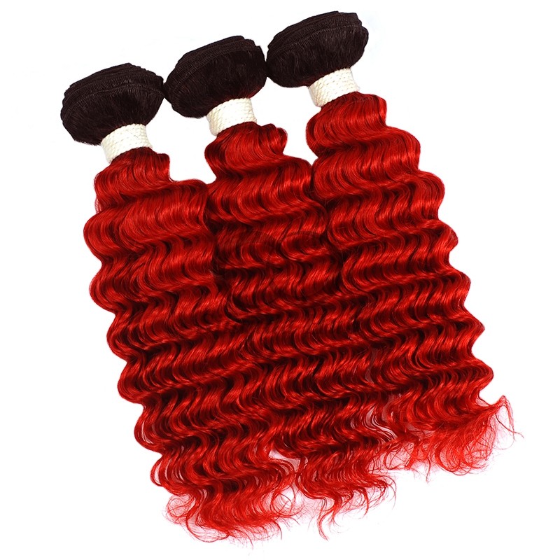 #T1B/Red Deep Wave Remy Human Hair Bundles Sew In Weave Bundles Brazilian Bundle Deals