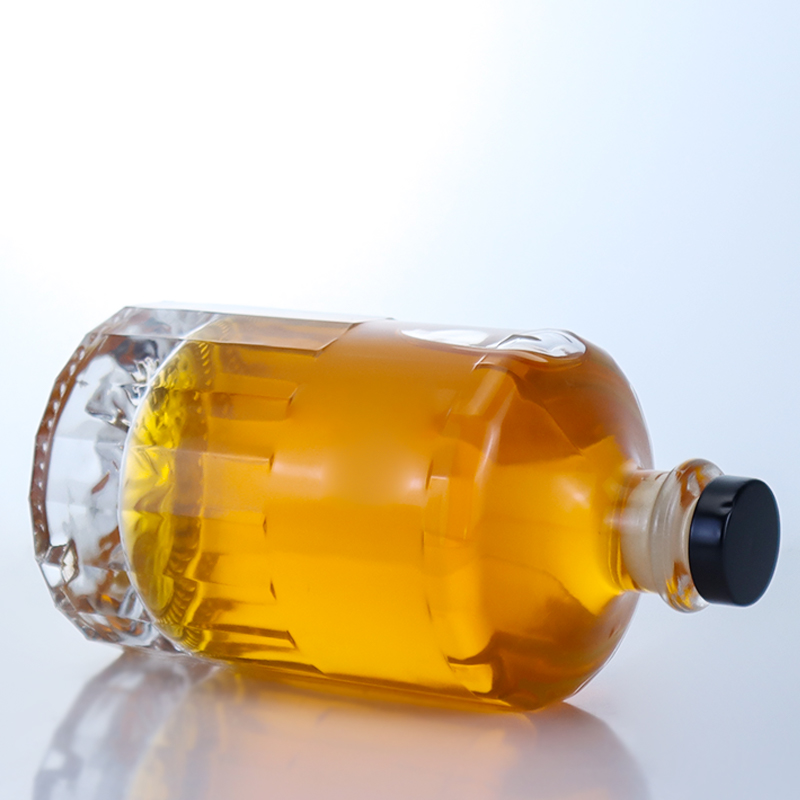 Whisky Liquor Glass Bottle with Unique Shape and T-Cork Closure