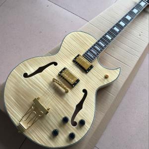 Quality F hollow body jazz Electric Guitar,double tiger flame Natural wood color guitarra.vibrato system wholesale