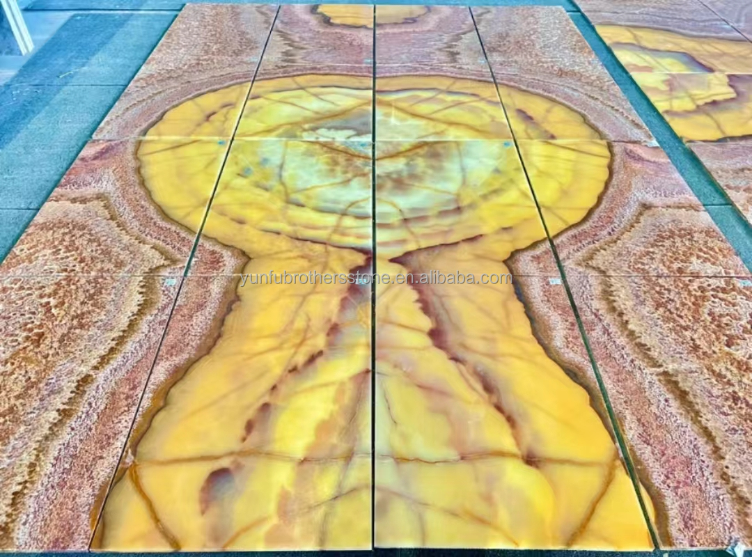 Backlit Red Onyx Marble Stone Book Matched Slab for Transparent Marble Table Pattern