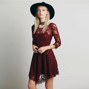 Quality fashion round neck design long sleeve sexy lace women evening dress wholesale