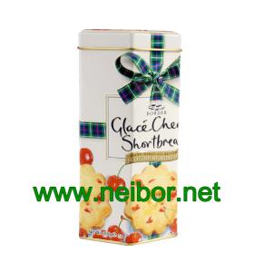Quality hexagonal shape tall cookie tin box with embossing wholesale