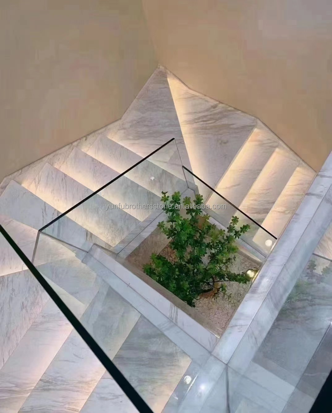 Modern LED Light Following Anti-Slip Indoor Staircase Crystal White Marble Design FOB