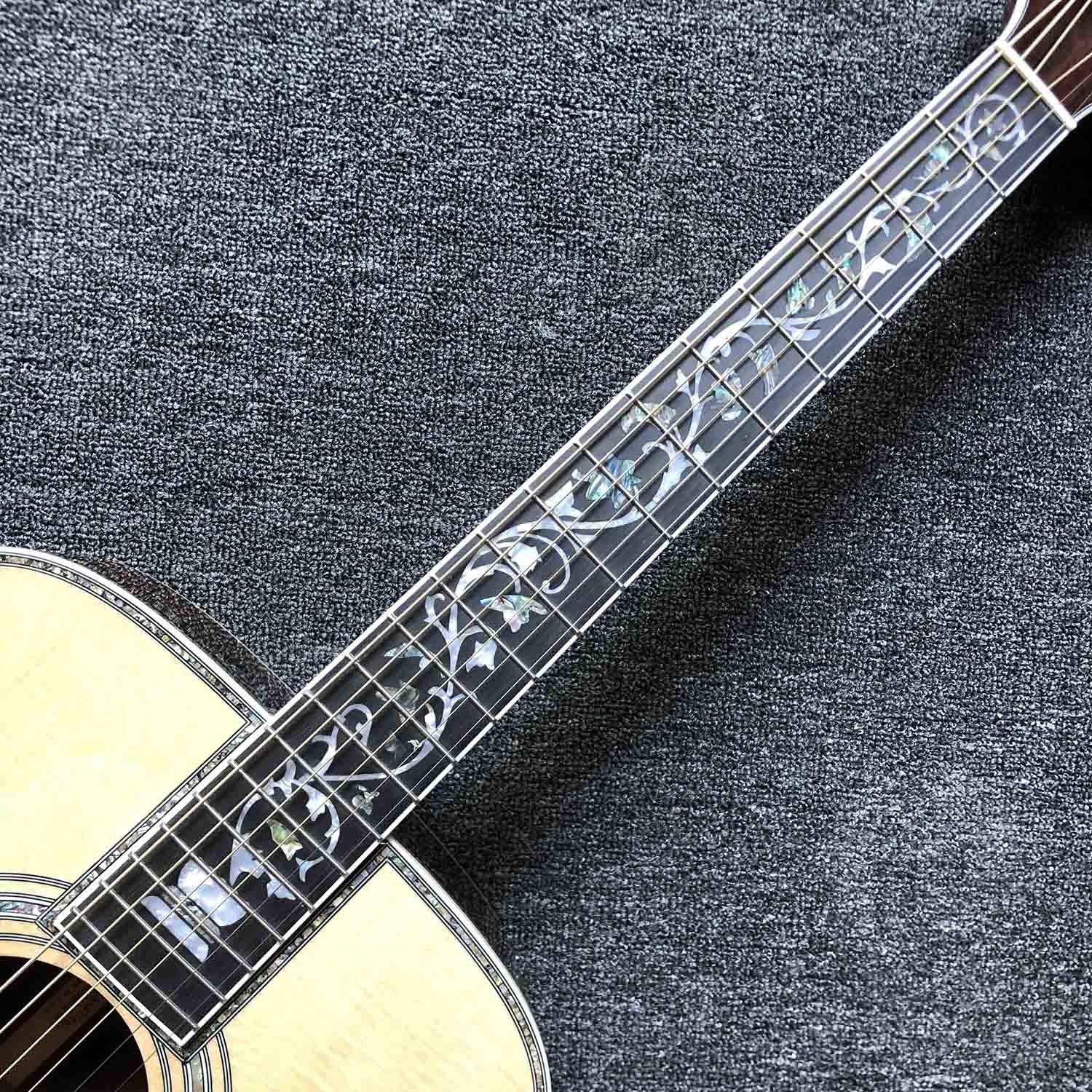 Custom Deluxe Real Abalone Binding Ebony Fingerboard Rosewood Back Side Solid Spruce Wood Acoustic Guitar