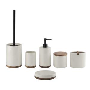 Quality Round shape ceramic bathrooom accessories with wooden base cream color ceramic soap dispenser wholesale