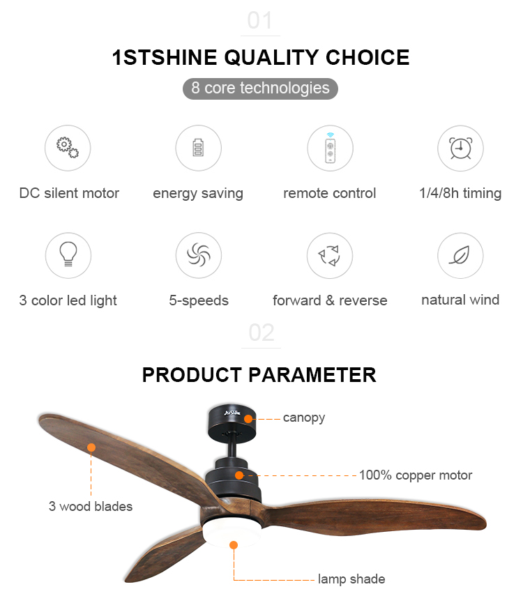 Standard Wind 52" Ceiling Fan with DC Motor LED Lights and Remote Control by 1stshine