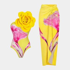 Quality Padded Cups Three Piece Swimwear With Regular / Quick Dry Yellow Color wholesale