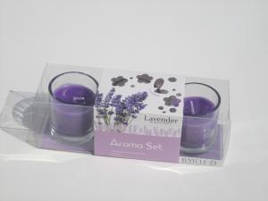 Quality 3pk purple lavender fragrance glass jar candle with printed wrapping label packed into clear box wholesale