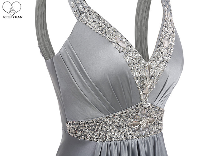 Back Bandage Grey A Line Dress / V Neck Long Silver Beaded Prom Dress Sleeveless
