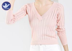 Quality Vertical Transparent Stripes Womens Knit Pullover Sweater Pink Double V Neck Top wholesale