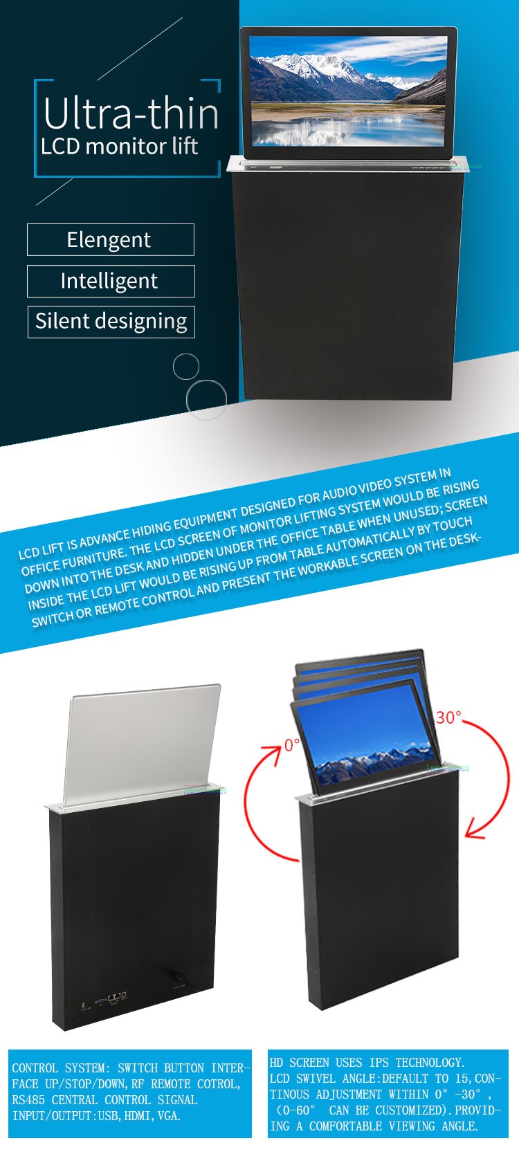 23.8" Touch Screen Table LCD Monitor Lift Motorized Conference System Solution