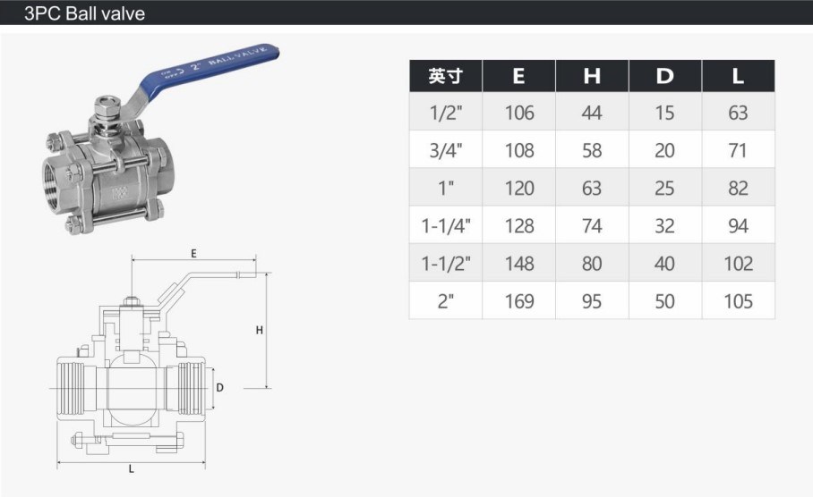 3 PC Stainless Steel SS316/304 CF8 CF8m Ball Valve