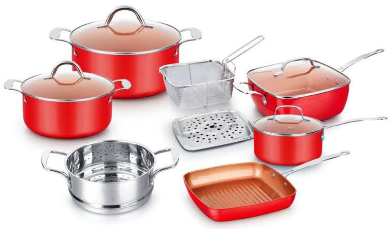 10-Piece Copper Ceramic Cookware Set Nonstick Pans with glass lid and CD bottom