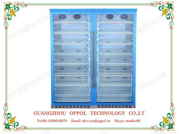 OP-1104 Guangzhou Manufacturer Double Glass Doors Multi Shelves Air Cooling