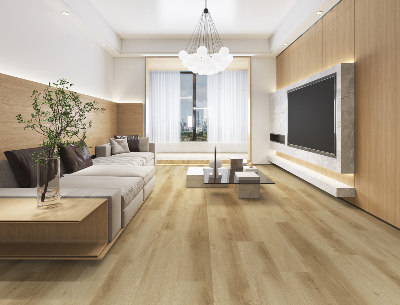 GKBM FT-W29142-5 Eco-friendly Antibacterial Fireproof Unilin Click Light Brown Jump Color Oak Wood Grain SPC Flooring