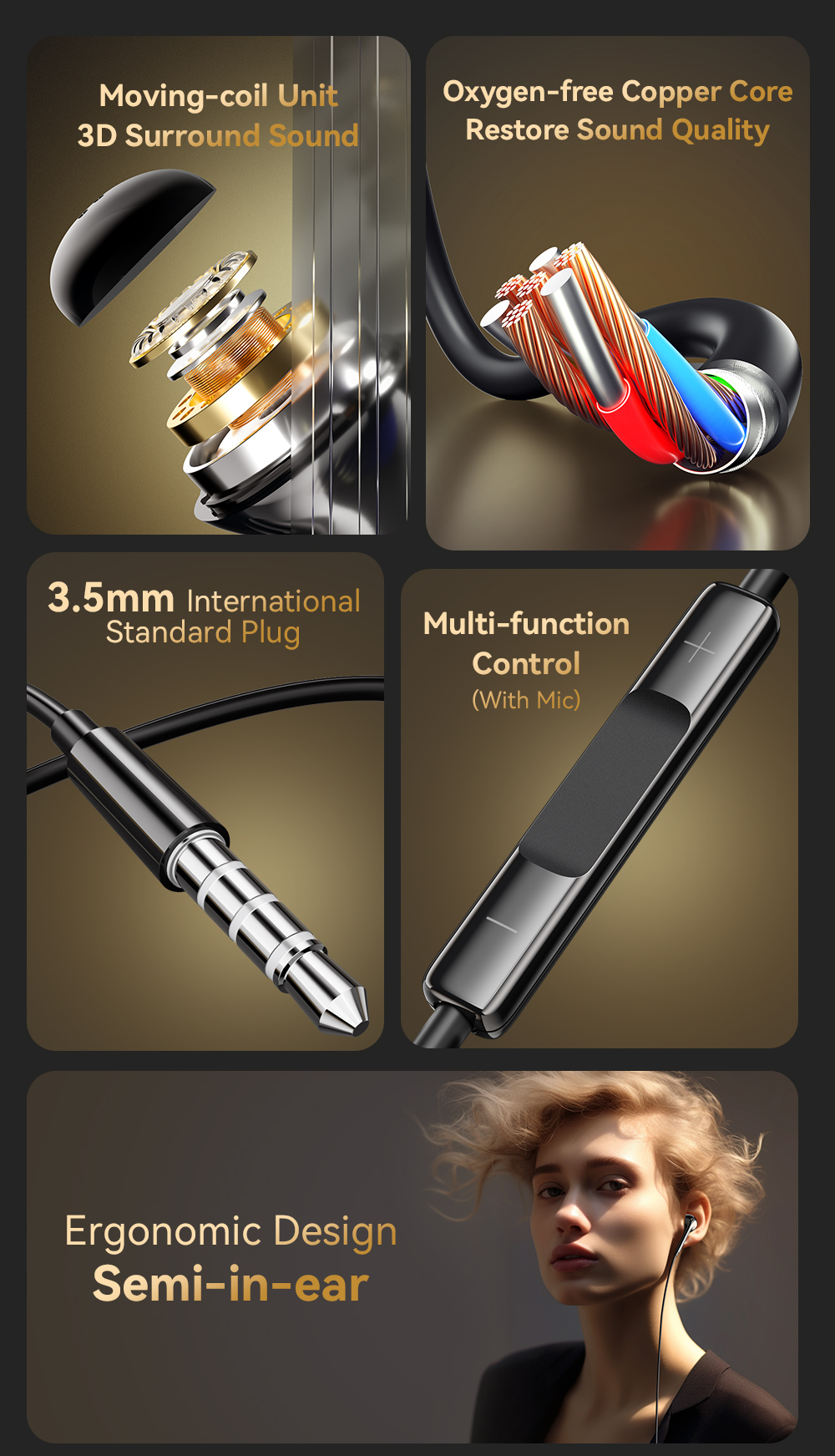 3.5mm Aux Wired HiFi Earbuds Noise Cancelling Waterproof With MIC