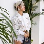 Long Sleeved High Neck Flared Blouse Chic White High Waisted Lace Tops With