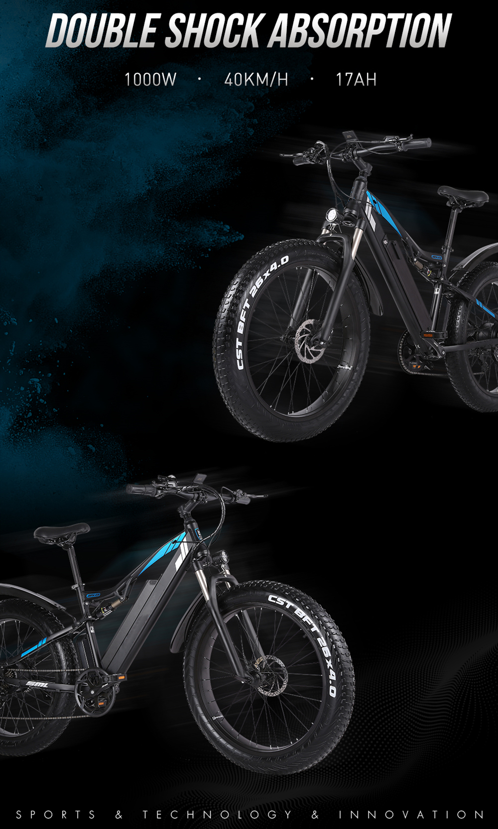 48V 17Ah 1000W Electric Fat Tire Bike 7 Speed Double Suspension Electric Bike