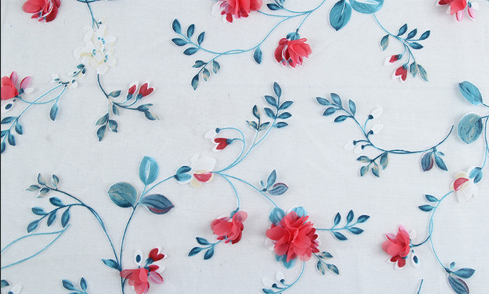 Red color Polyester 3D flower embroidered Lace fabric for bridal dress