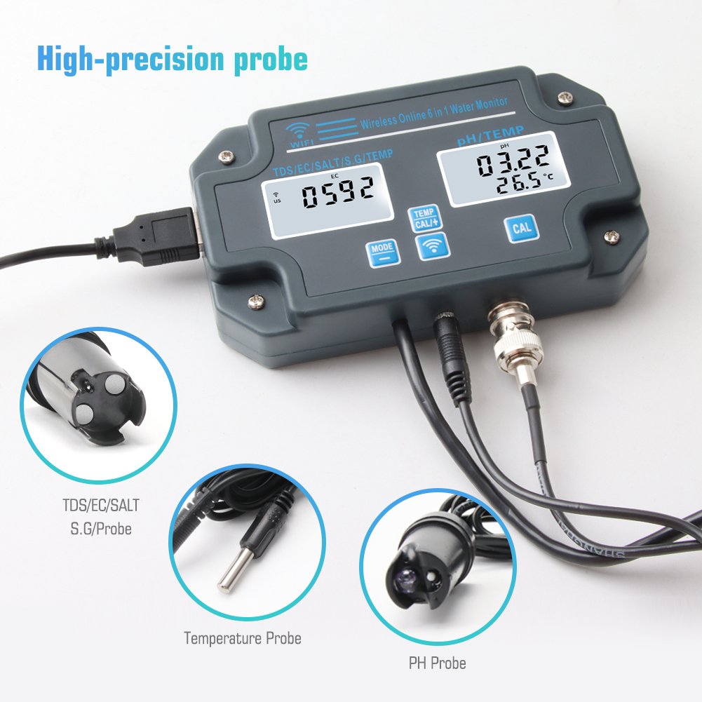 Customized Wifi Water Tester PH-3988 6 in 1 Salt S.G.Temp PH EC TDS Meter for Aquariums