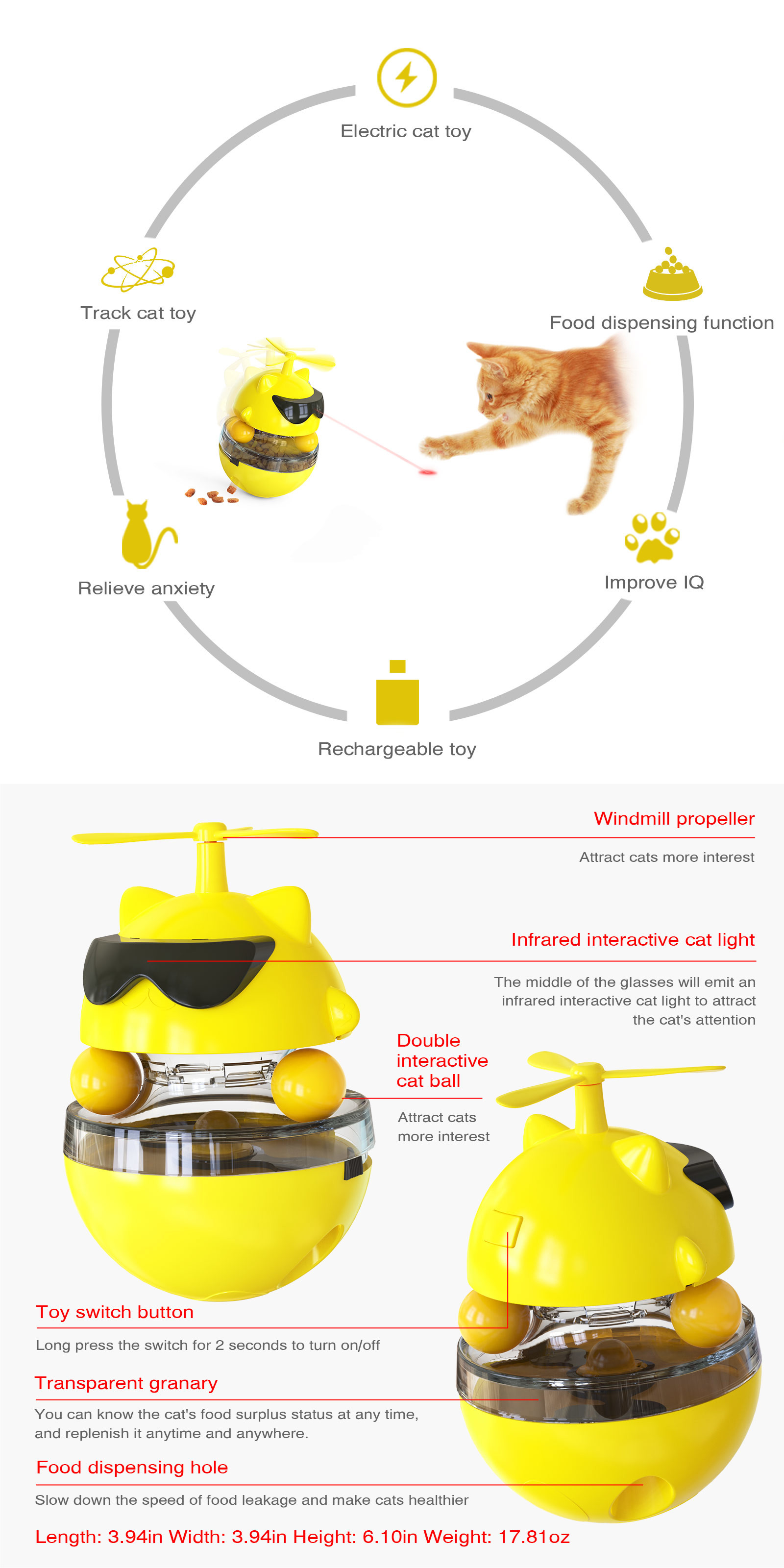 Electric Cat Treat Dispenser Toy / ABS Rechargeable Tumbler Pet Toy ODM