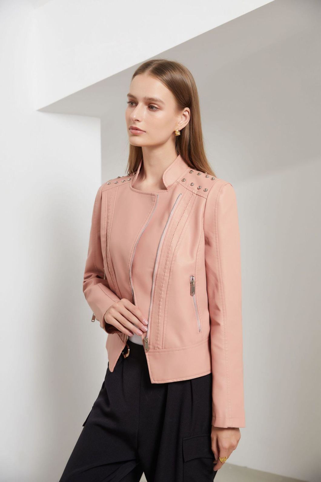 Women&prime;s Rivet Faux Leather PU Jacket, Studded Rivet Punk Biker Moto Fashion Jacket Coat with Long Sleeve