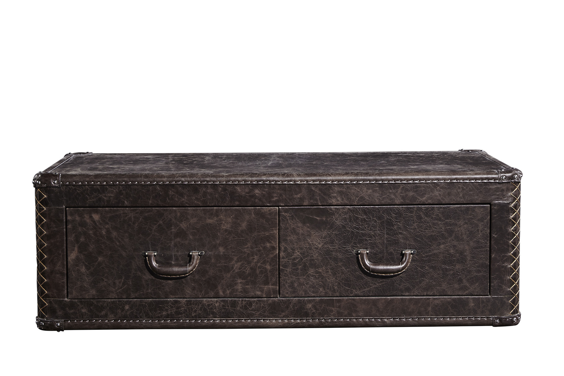 Dark Brown Leather Covered Coffee Table , Coffee Table Chest With Drawers