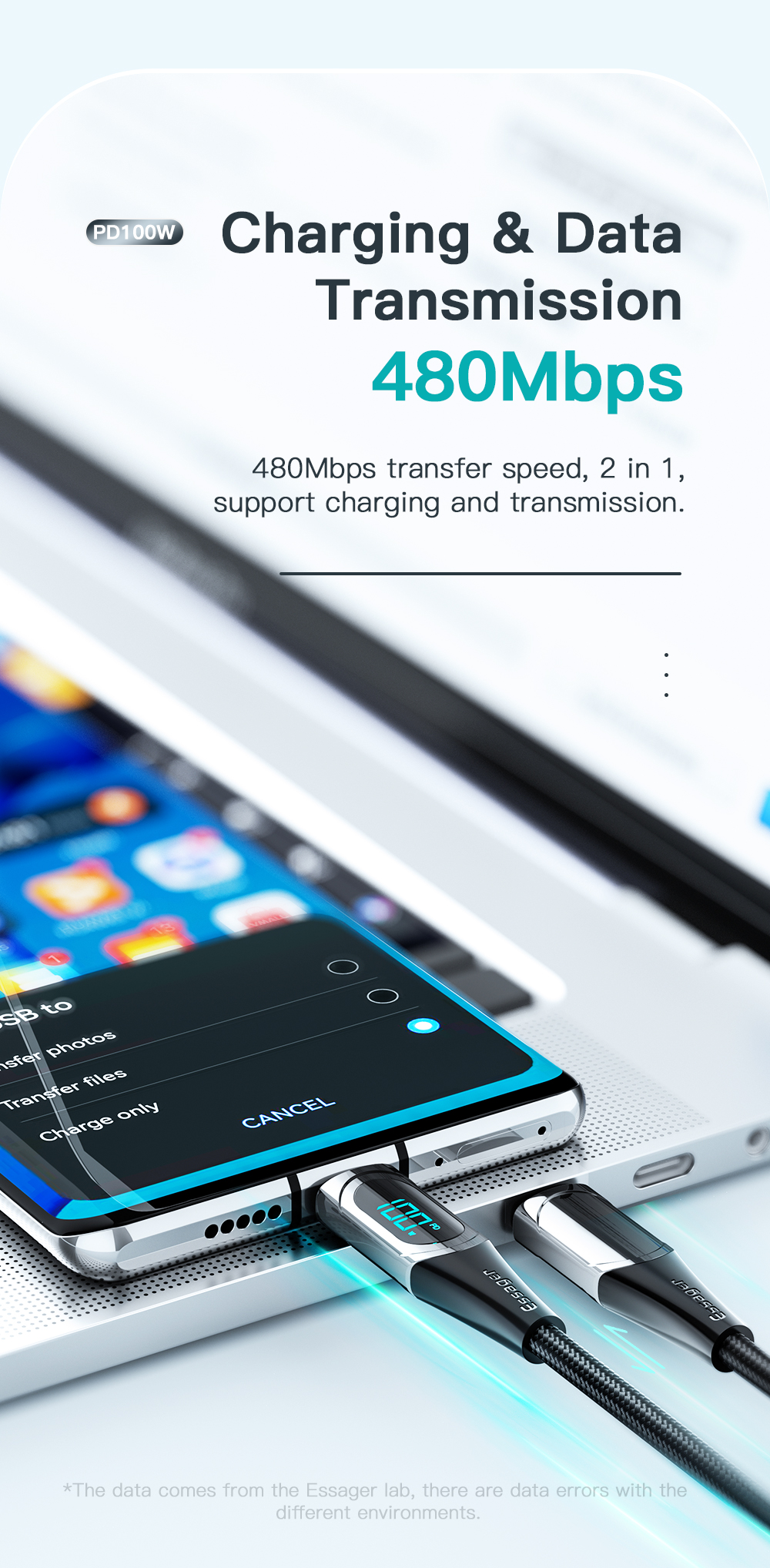 ESSAGER Digital Display PD USB C To C Charging Cable 100W 5A